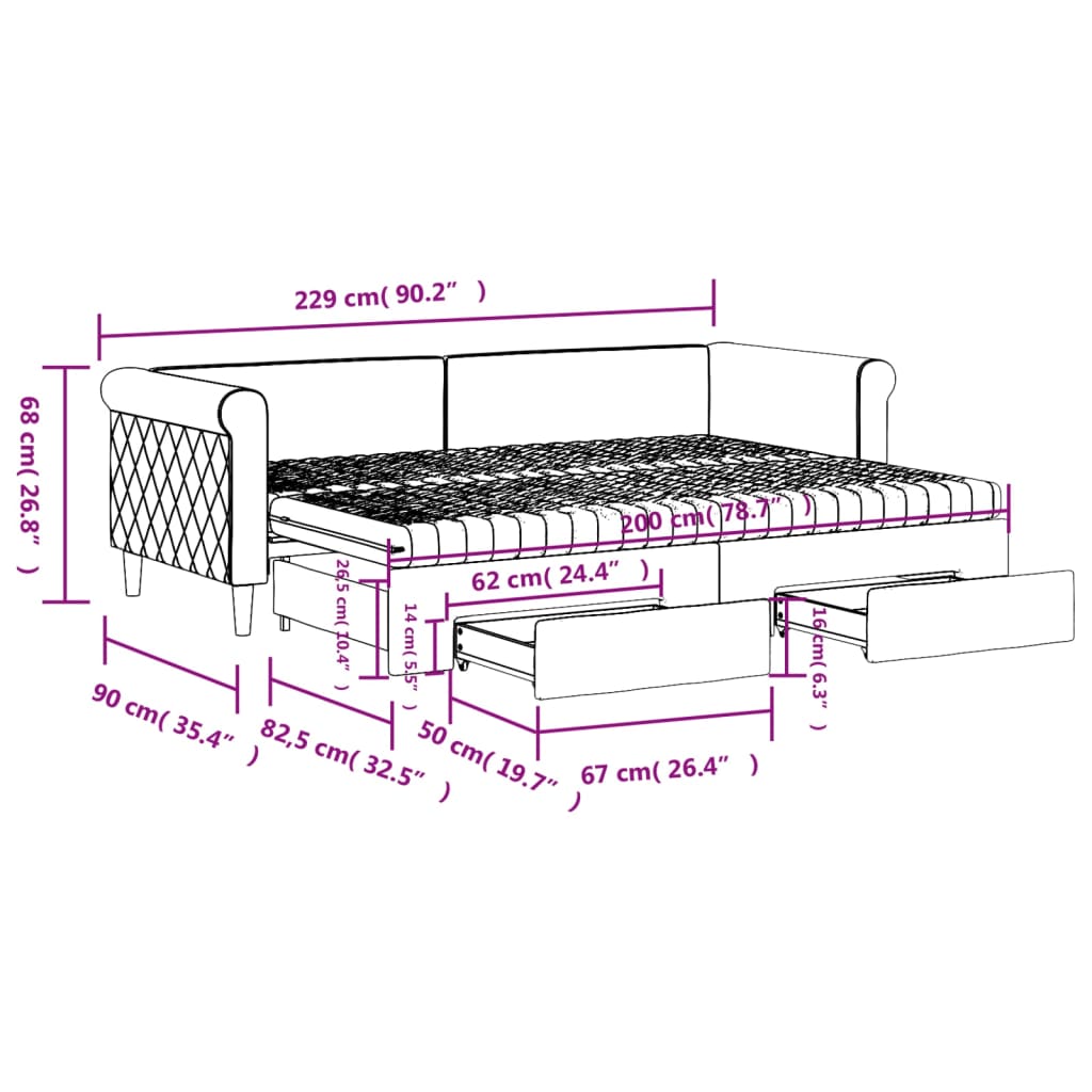 Tagesbett Ausziehbar mit Schubladen Hellgrau 80x200 cm Samt