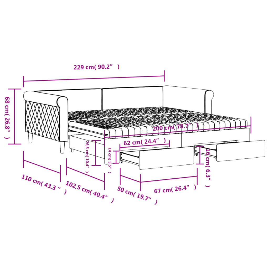 Tagesbett Ausziehbar mit Schubladen Hellgrau 100x200 cm Samt