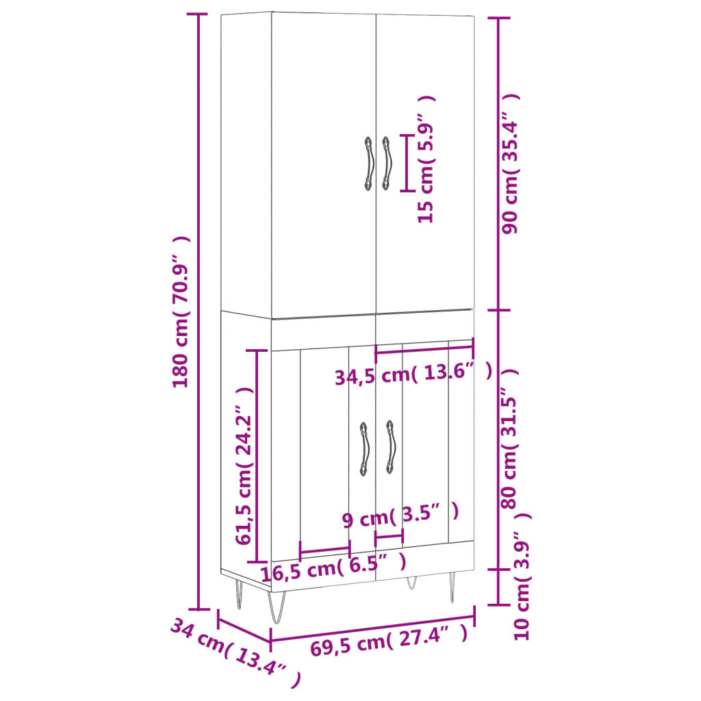 Highboard Weiß 69,5x34x180 cm Holzwerkstoff