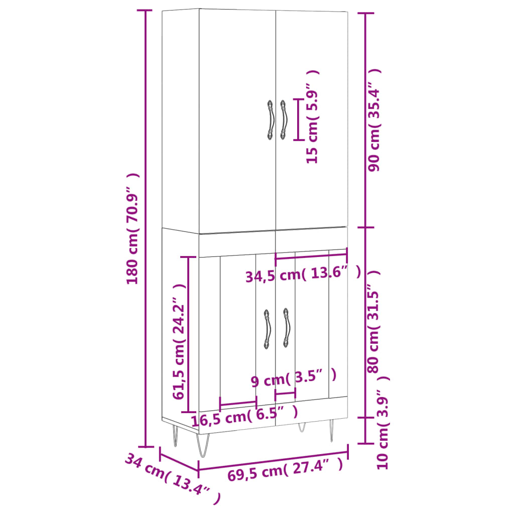 Highboard Grau Sonoma 69,5x34x180 cm Holzwerkstoff
