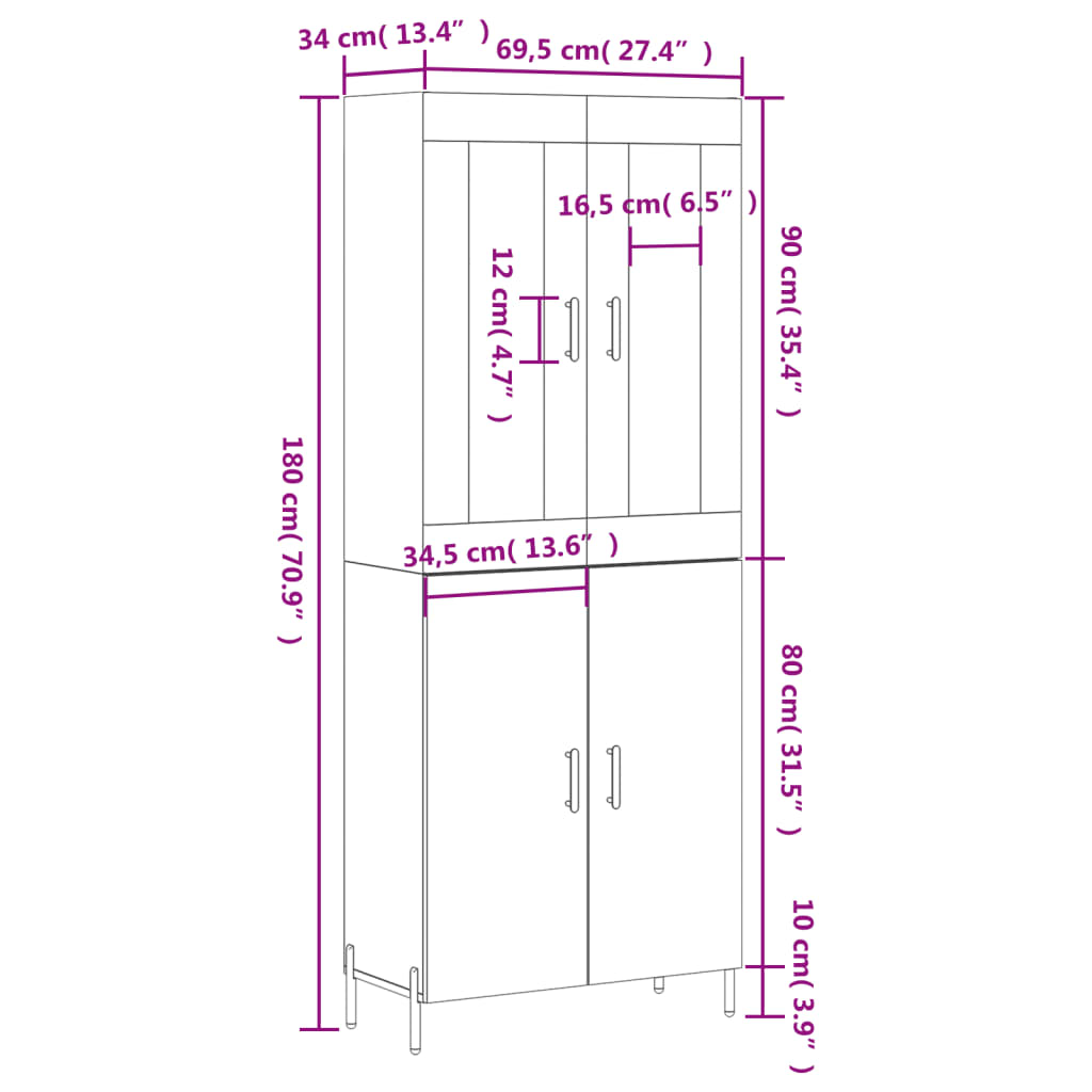 Highboard Grau Sonoma 69,5x34x180 cm Holzwerkstoff