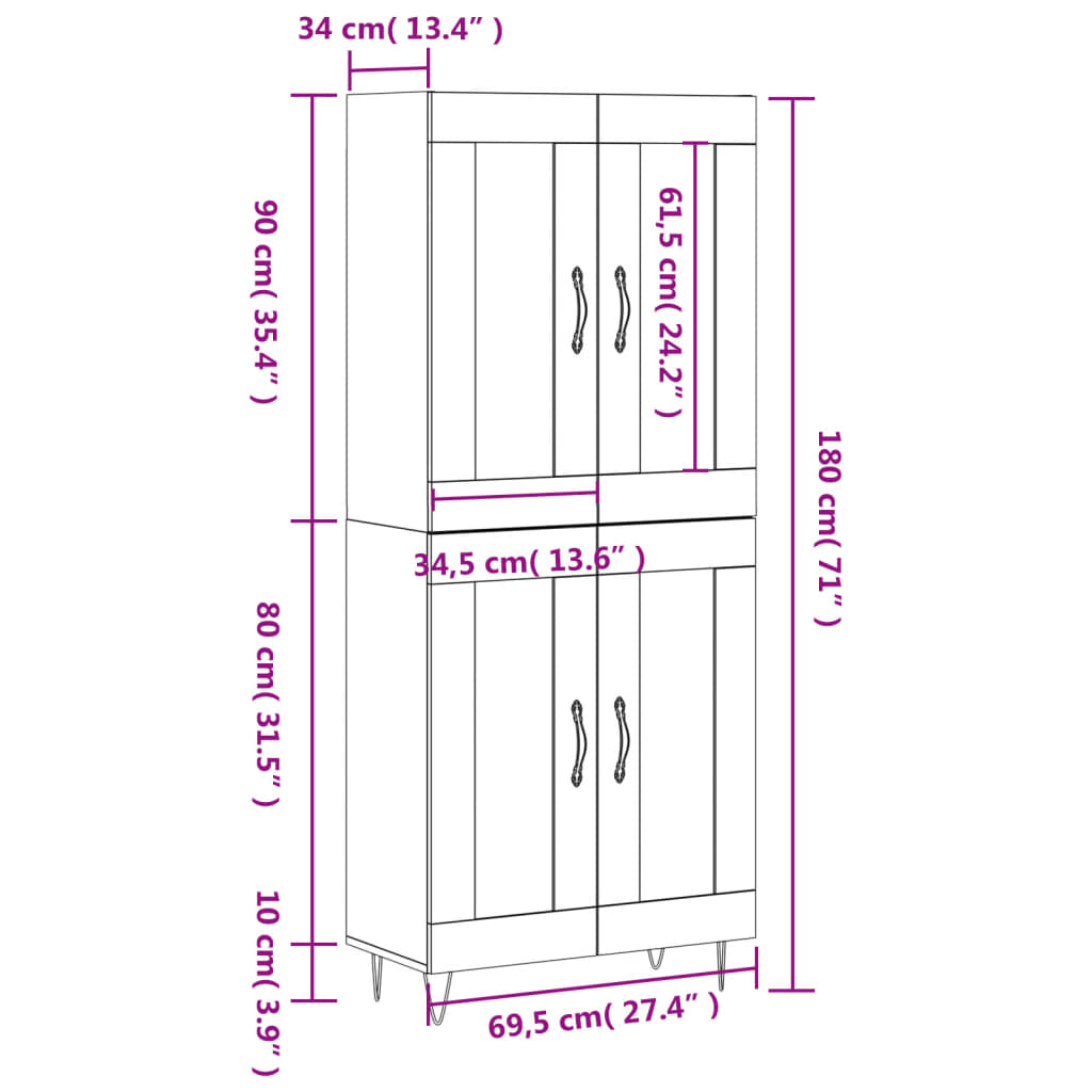 Highboard Sonoma-Eiche 69,5x34x180 cm Holzwerkstoff