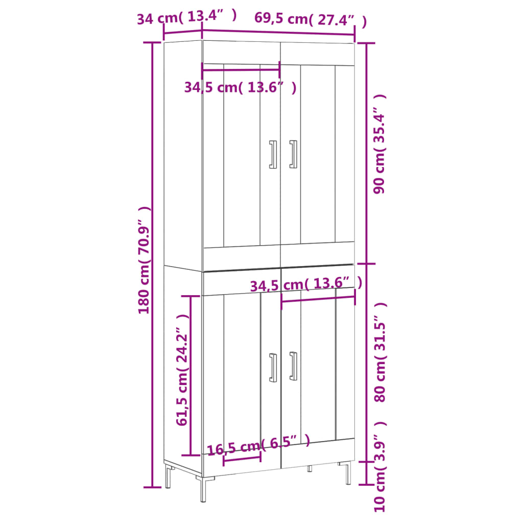 Highboard Betongrau 69,5x34x180 cm Holzwerkstoff