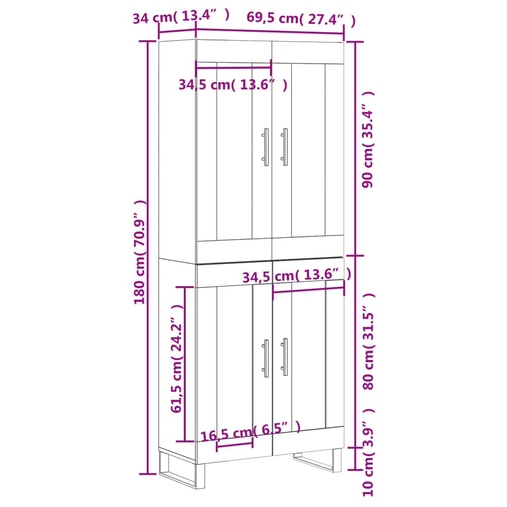 Highboard Sonoma-Eiche 69,5x34x180 cm Holzwerkstoff