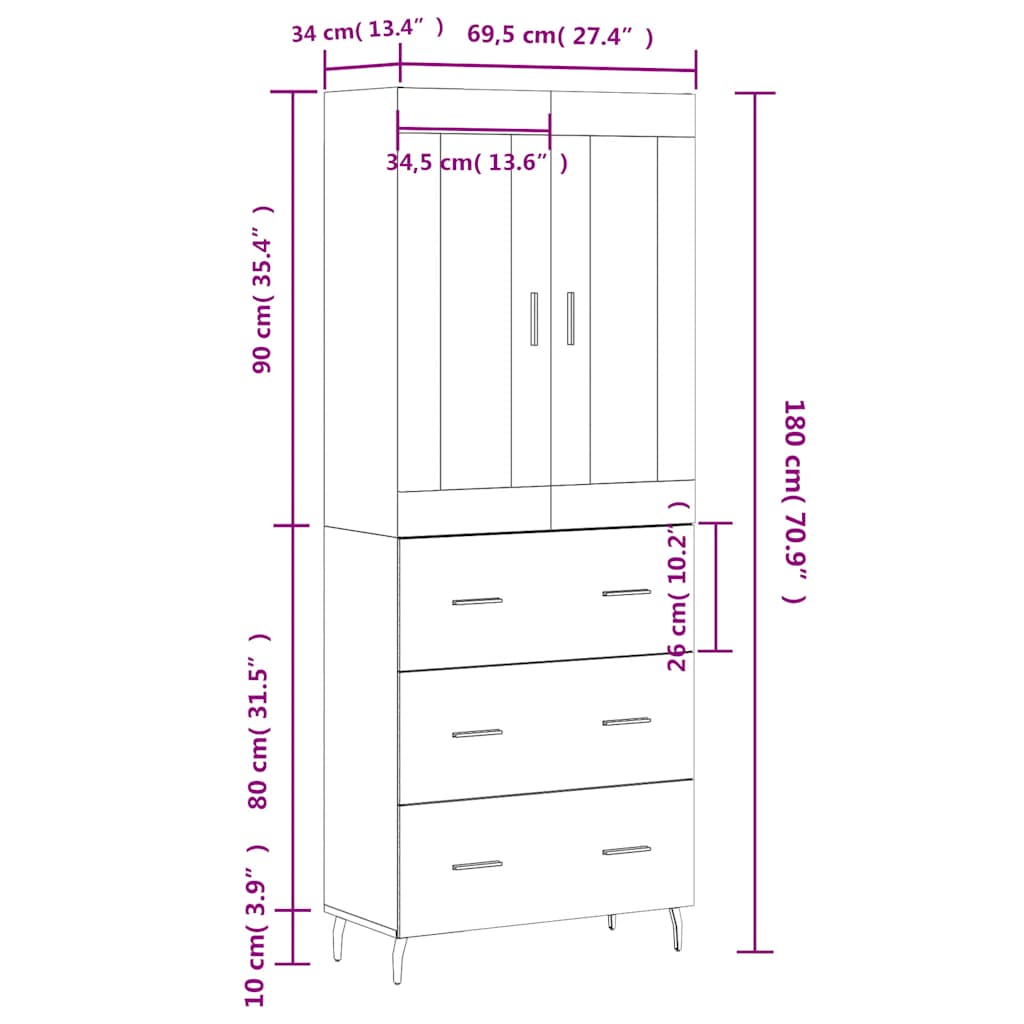 Highboard Weiß 69,5x34x180 cm Holzwerkstoff