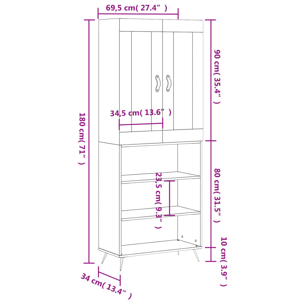 Highboard Weiß 69,5x34x180 cm Holzwerkstoff