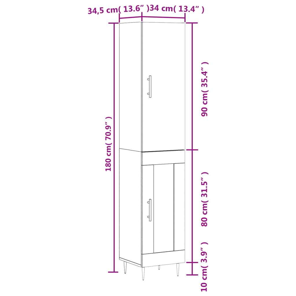 Highboard Weiß 34,5x34x180 cm Holzwerkstoff