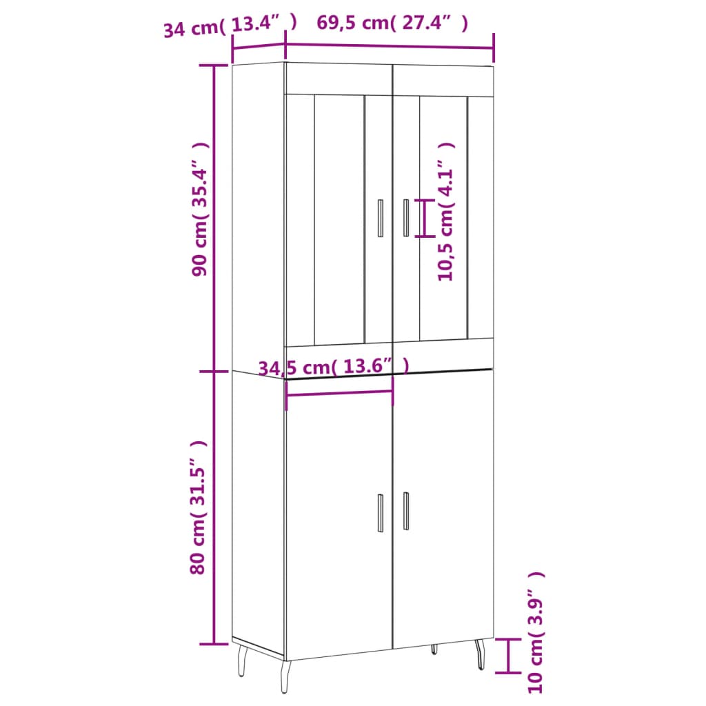 Highboard Weiß 69,5x34x180 cm Holzwerkstoff