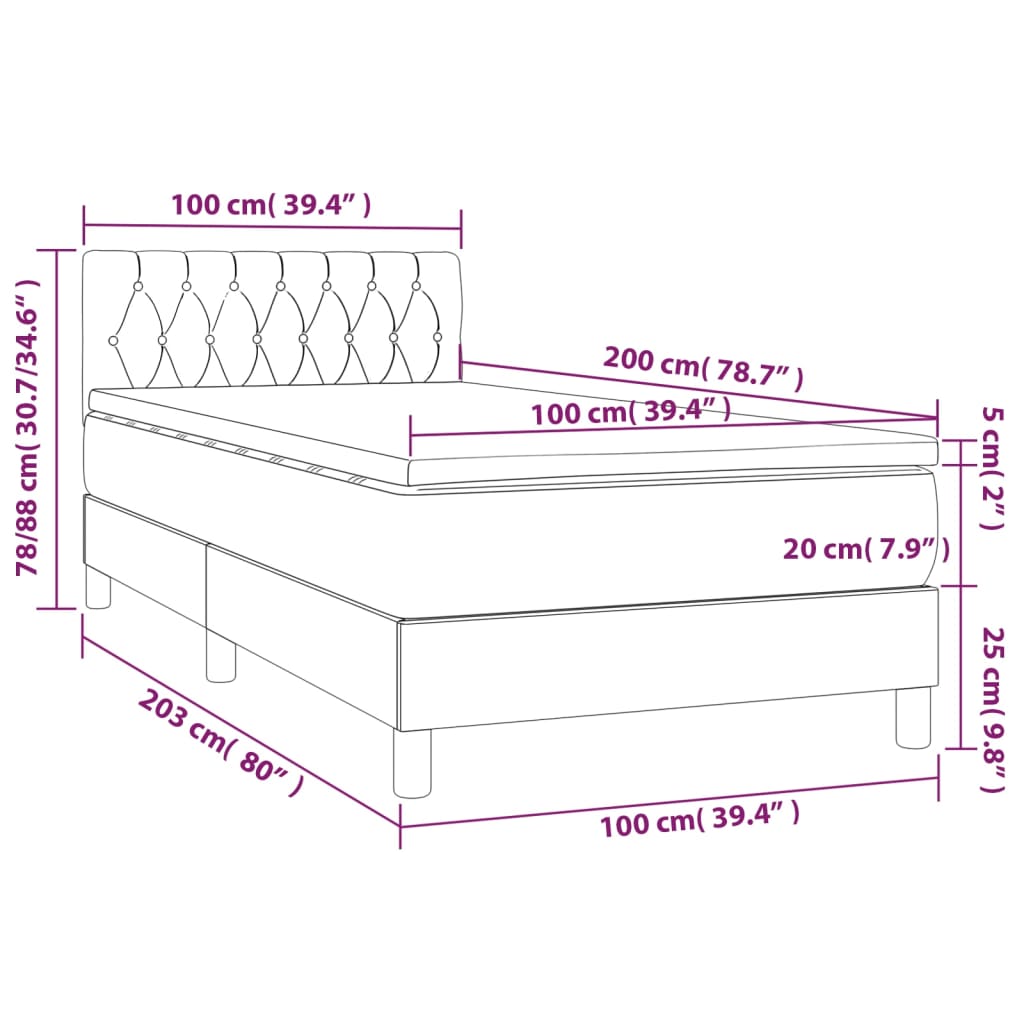 Sommier tapissier avec matelas gris foncé 100x200 cm velours