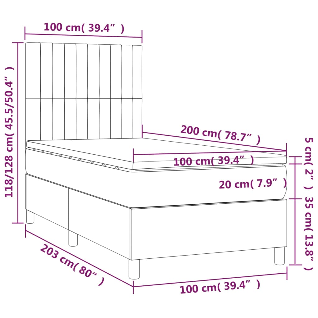 Lit sommier tapissier avec matelas tissu gris foncé 100x200 cm