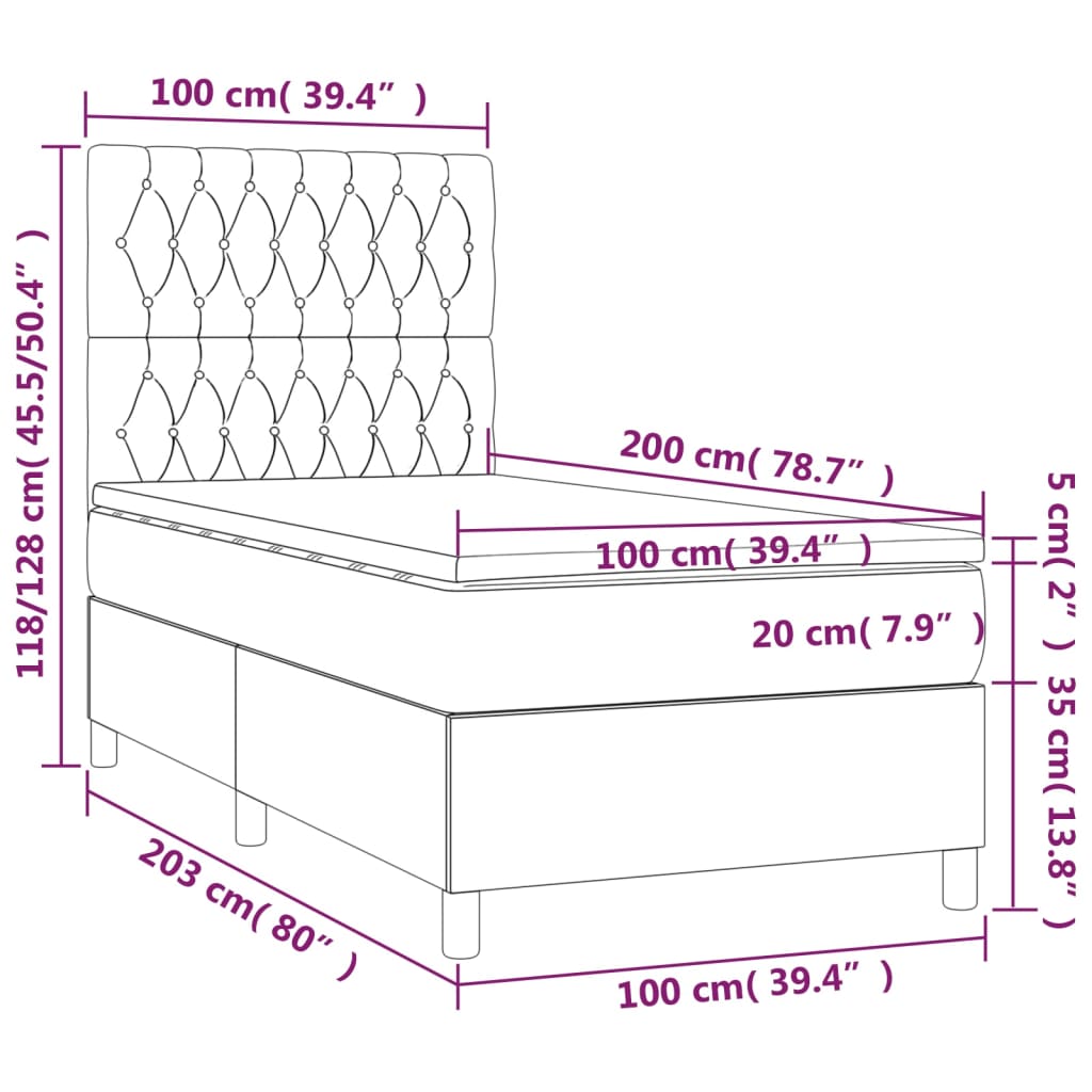 Lit sommier tapissier avec matelas tissu gris foncé 100x200 cm