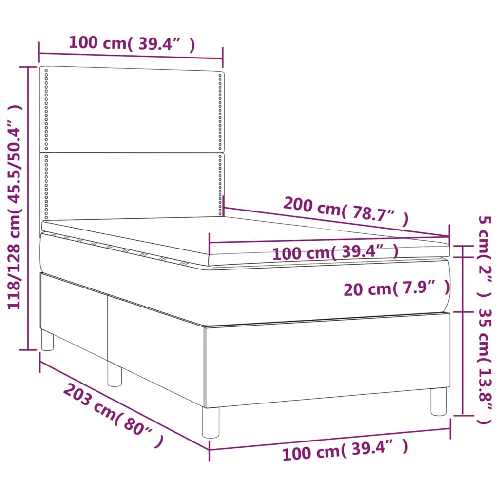 Lit sommier tapissier avec matelas tissu gris foncé 100x200 cm