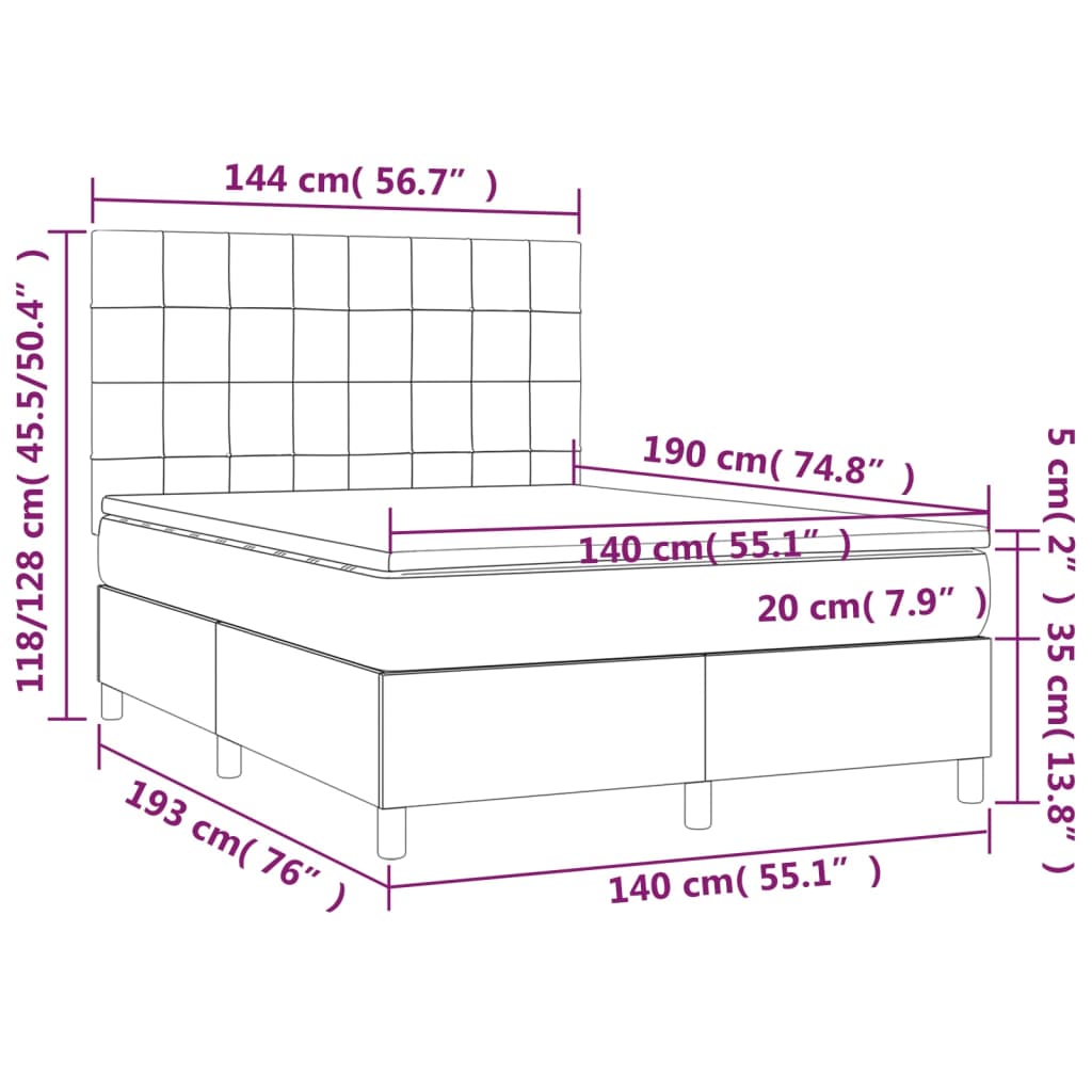 Lit à sommier tapissier avec matelas en tissu noir 140x190 cm