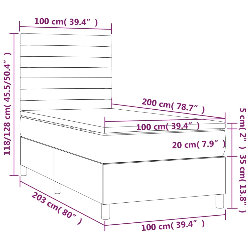 Lit sommier tapissier avec matelas tissu gris foncé 100x200 cm