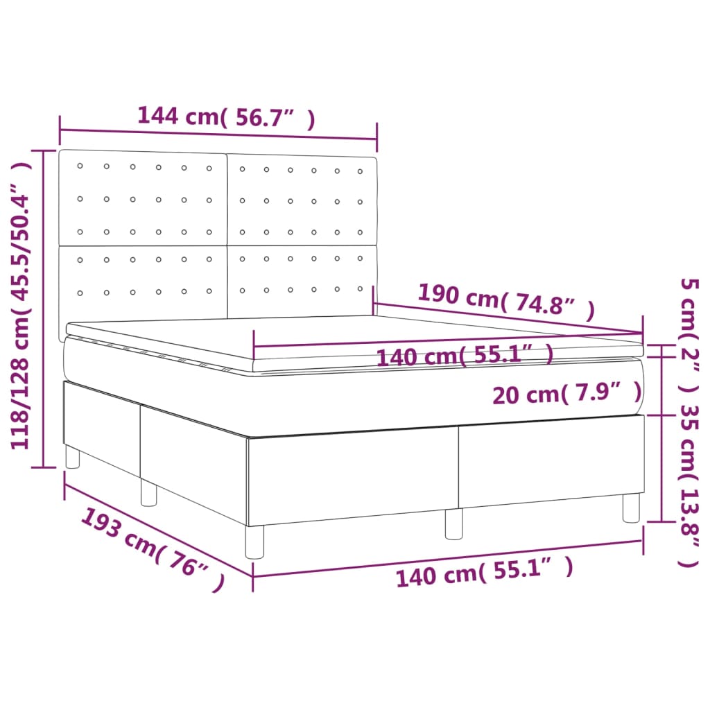Lit à sommier tapissier avec matelas en tissu noir 140x190 cm