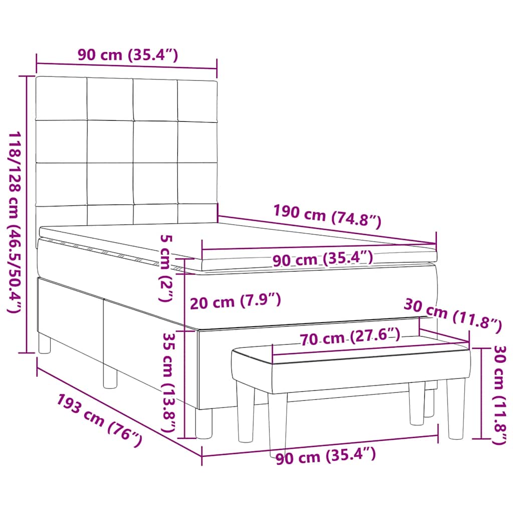 Lit sommier tapissier avec matelas tissu taupe 90x190 cm