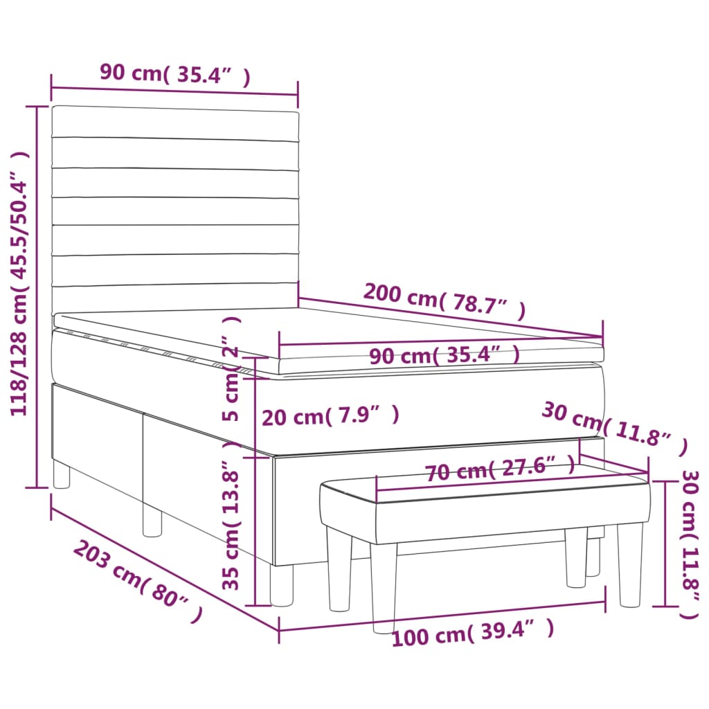 Lit sommier tapissier avec matelas tissu taupe 90x200 cm