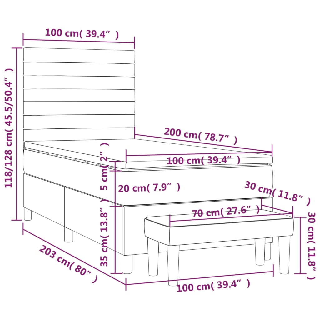 Lit sommier tapissier avec matelas tissu gris foncé 100x200 cm