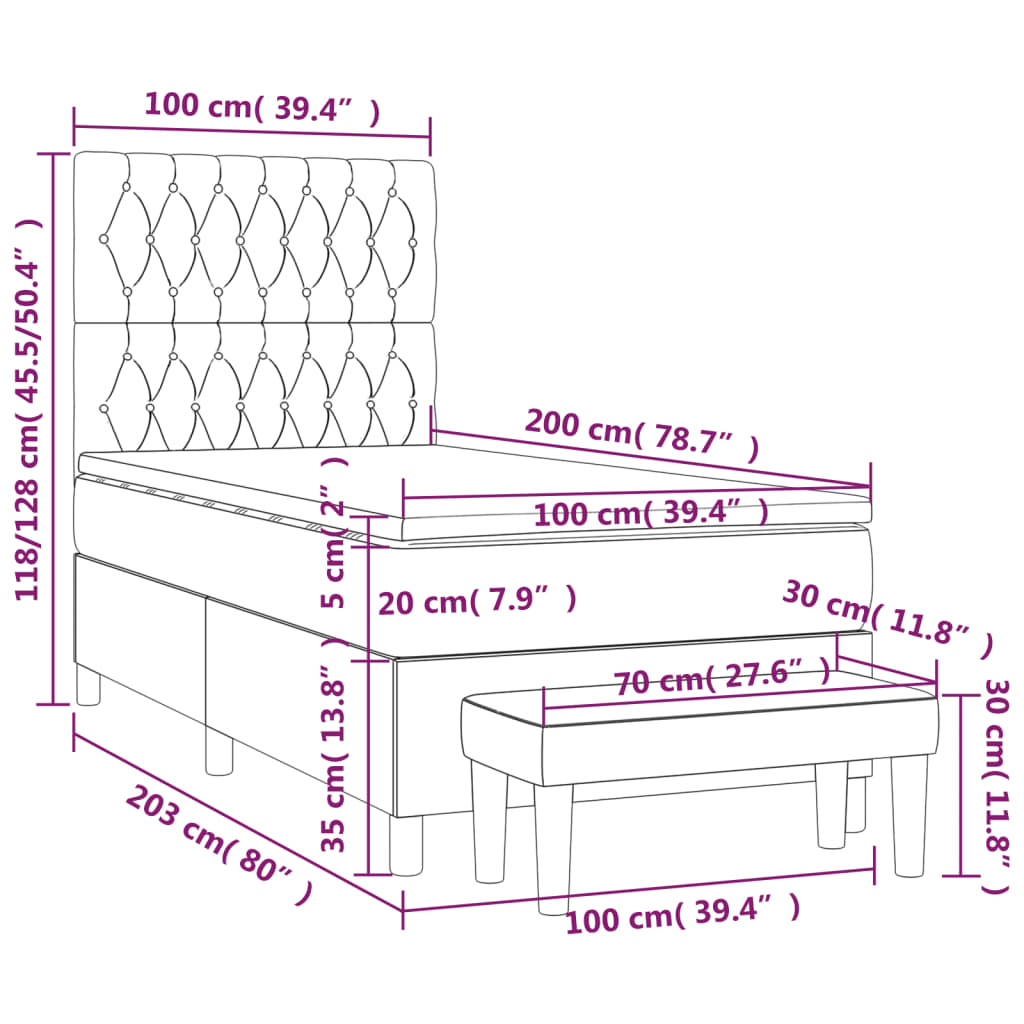 Lit sommier tapissier avec matelas tissu gris foncé 100x200 cm