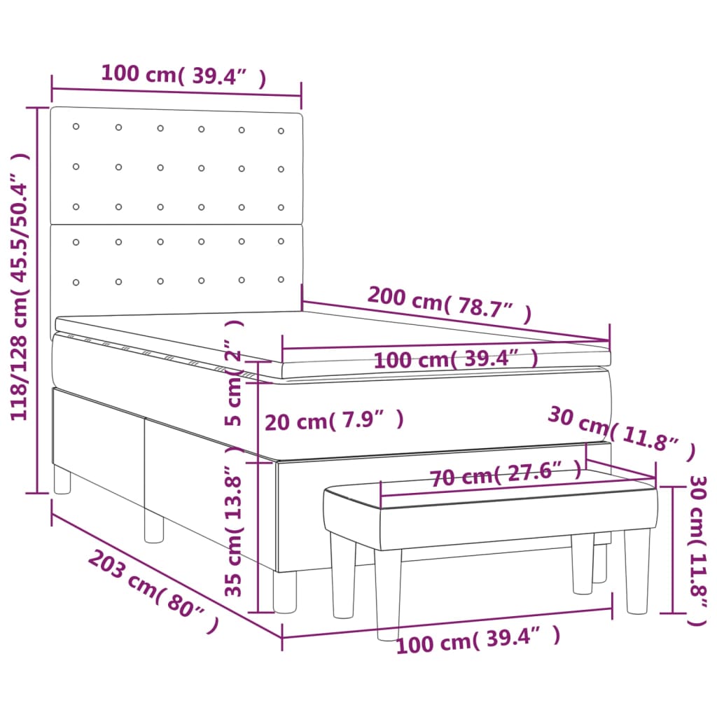 Lit sommier tapissier avec matelas tissu gris foncé 100x200 cm