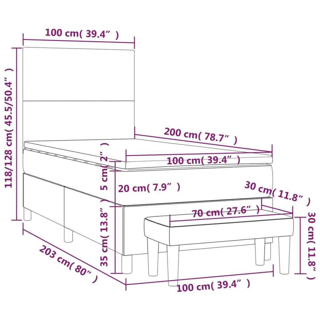 Lit sommier tapissier avec matelas tissu gris foncé 100x200 cm