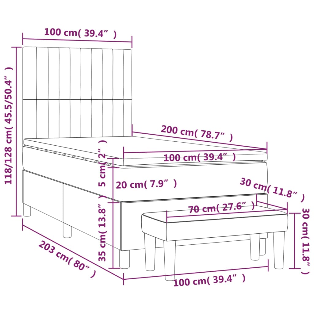 Lit sommier tapissier avec matelas tissu gris foncé 100x200 cm