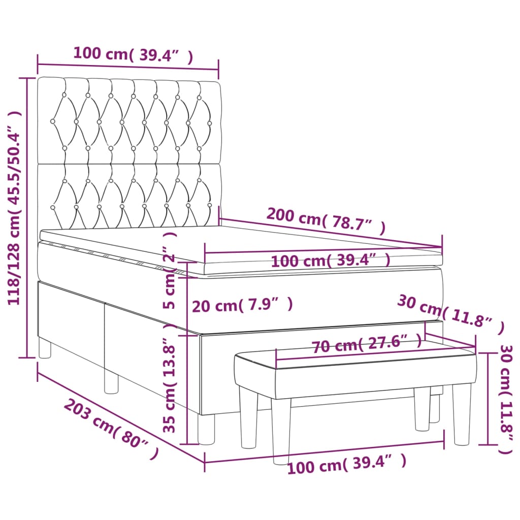 Lit sommier tapissier avec matelas tissu gris foncé 100x200 cm
