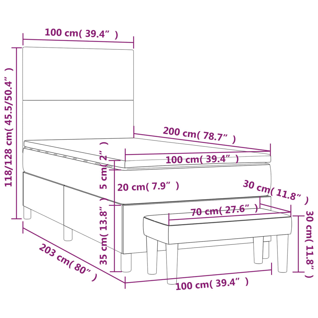 Sommier tapissier avec matelas gris foncé 100x200 cm velours
