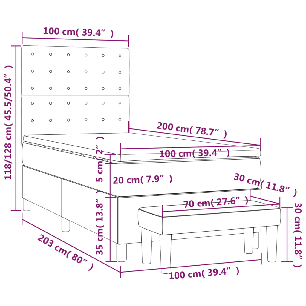 Sommier tapissier avec matelas gris foncé 100x200 cm velours