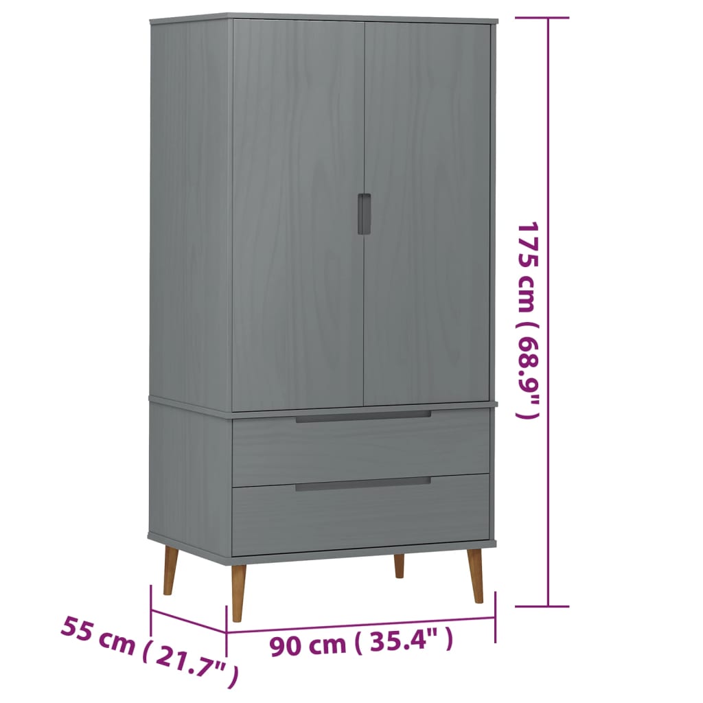 Wardrobe MOLDE Grey 90x55x175 cm solid pine wood