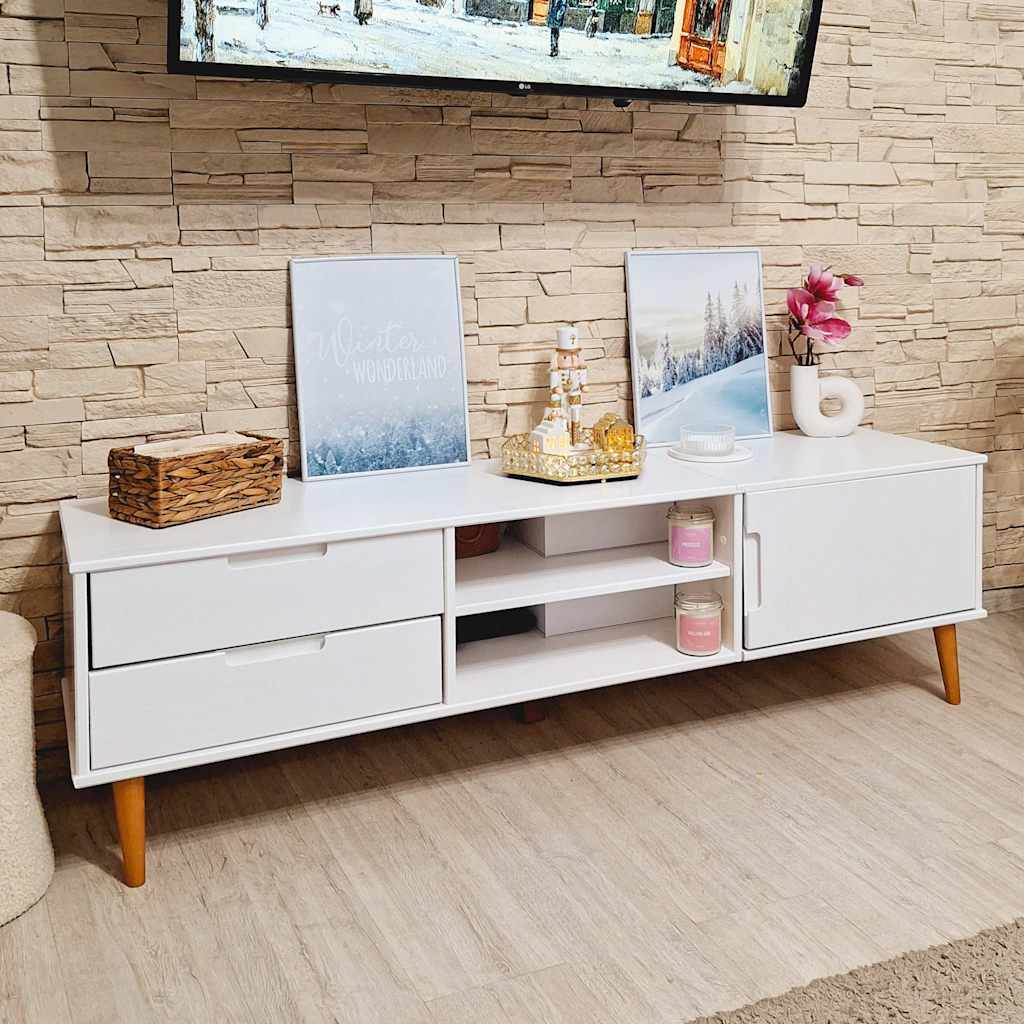 Meuble TV MOLDE blanc 158x40x49 cm pin massif