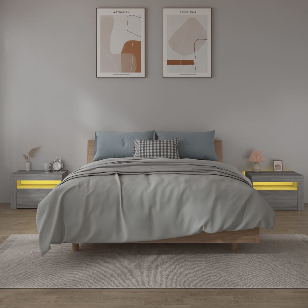 Tables de chevet 2 pièces avec LED Gris Sonoma 60x35x40 cm