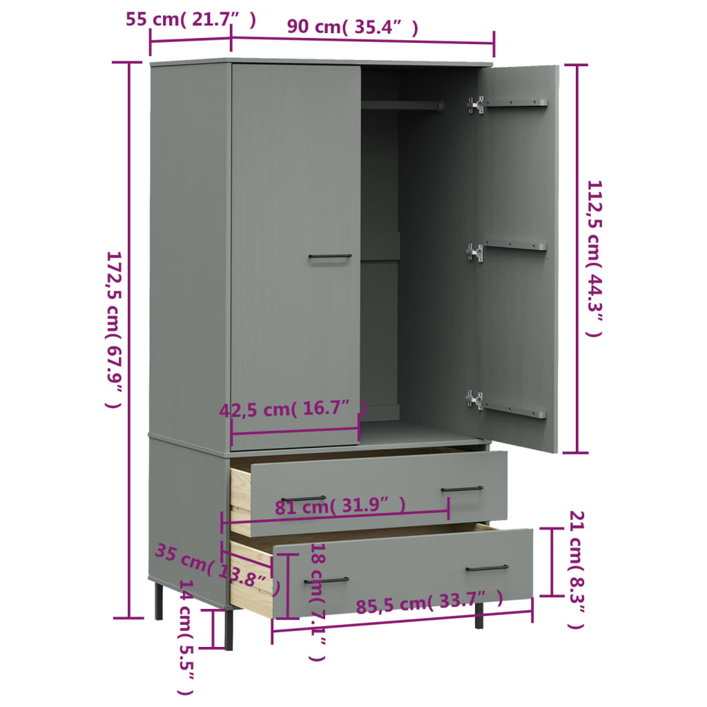 Wardrobe OSLO metal legs grey 90x55x172.5cm solid wood