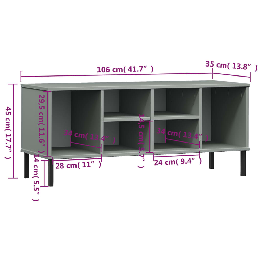 Shoe rack OSLO with metal legs grey 106x35x45 cm solid wood