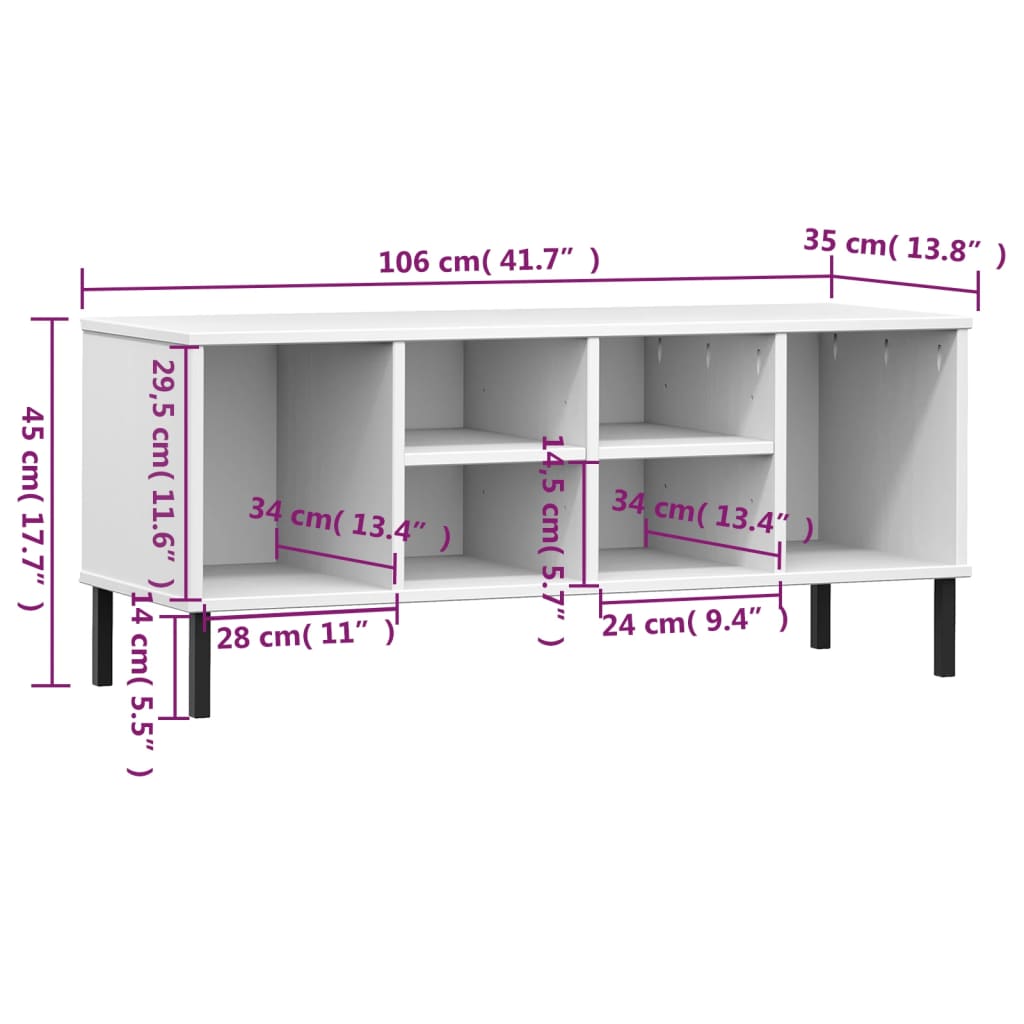 Shoe rack OSLO with metal legs white 106x35x45 cm solid wood