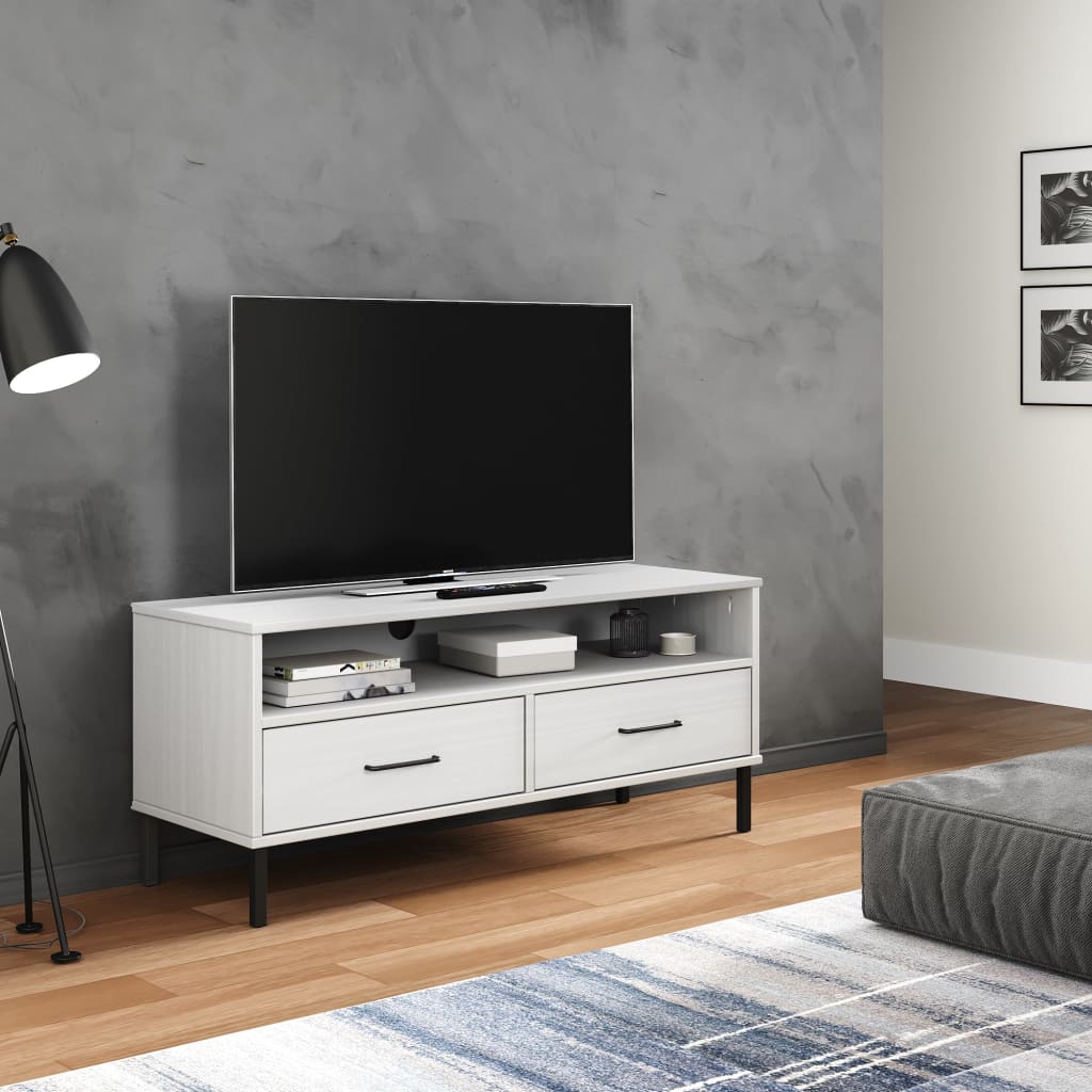 Meuble TV OSLO avec pieds en métal en pin massif blanc