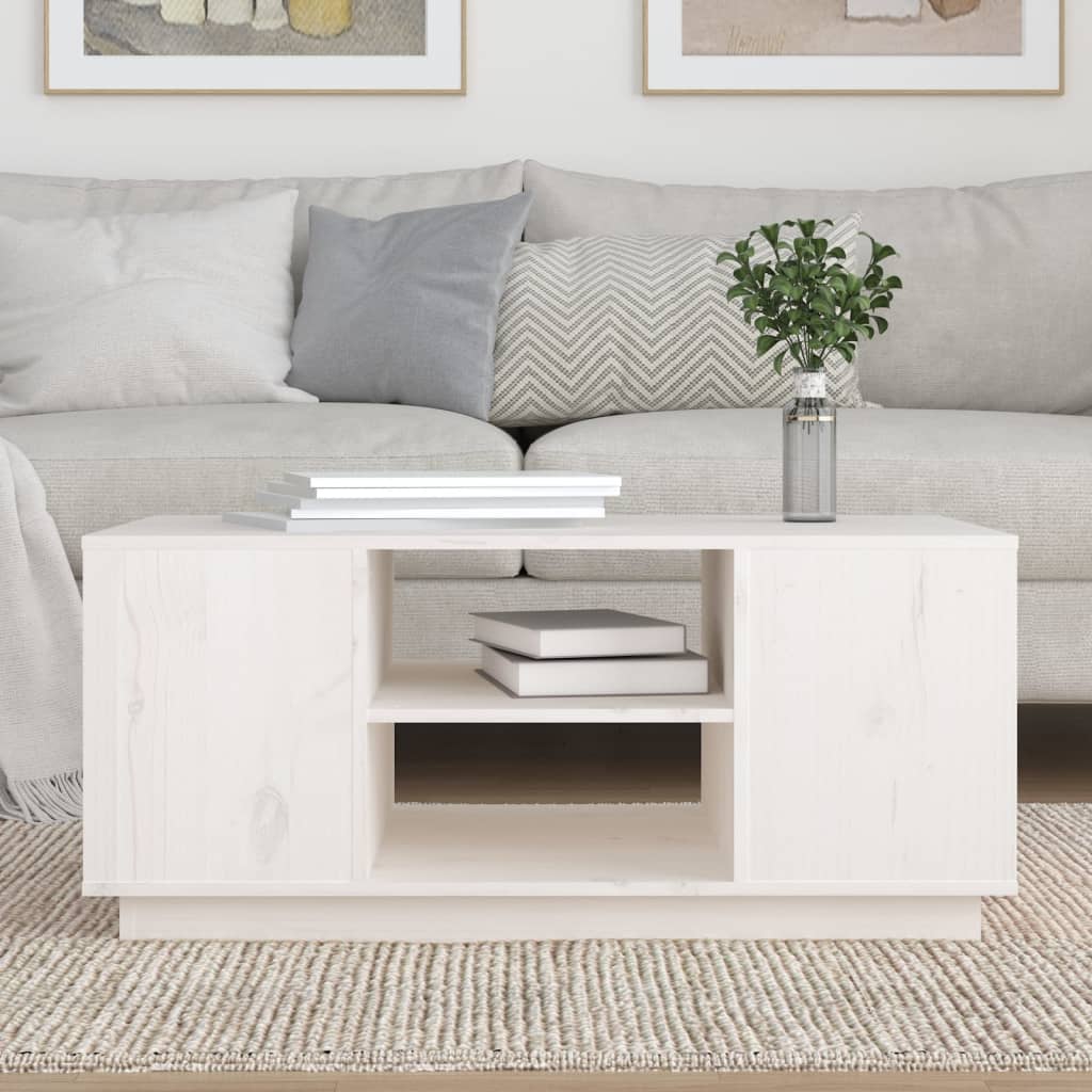 Table basse blanche 90x49x40,5 cm en bois de pin massif