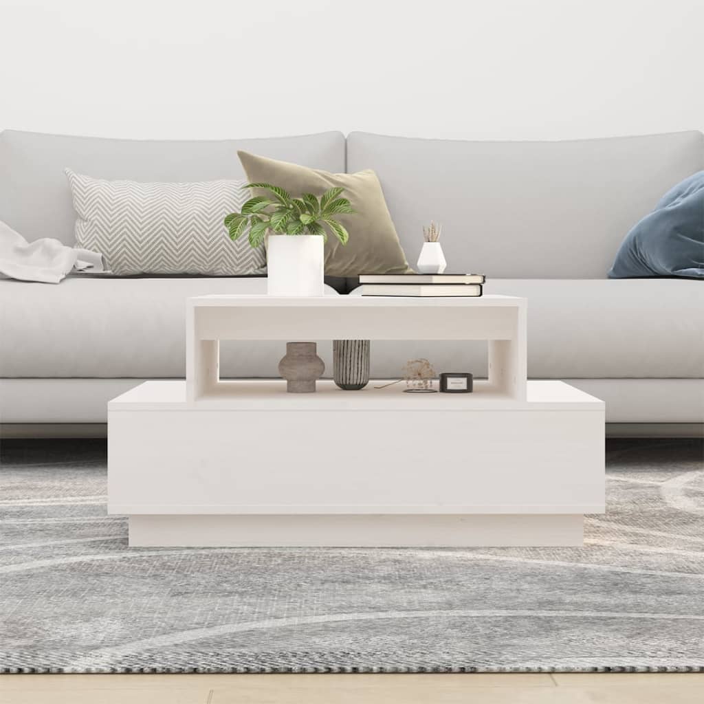 Table basse blanche 80x55x40,5 cm en pin massif