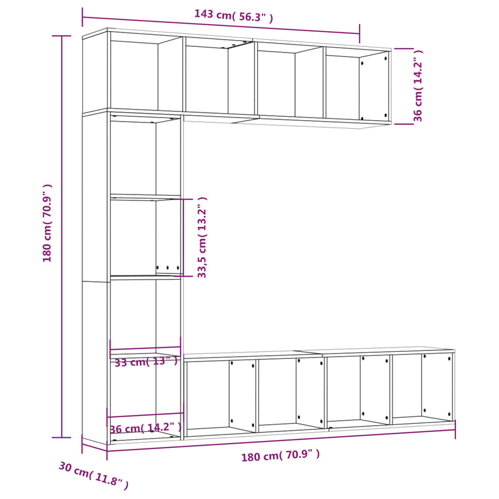 3-piece bookcase/TV cabinet set smoked oak 180x30x180 cm