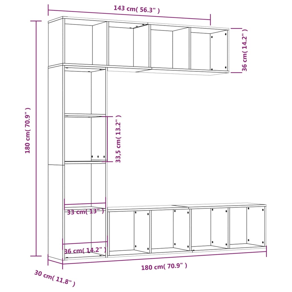 3-piece bookcase/TV cabinet set, Sonoma gray, 180x30x180 cm