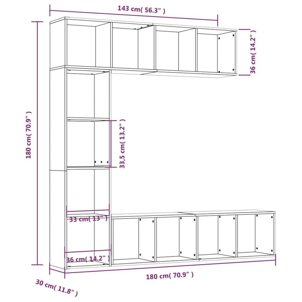 3-piece bookcase/TV cabinet set in brown oak look