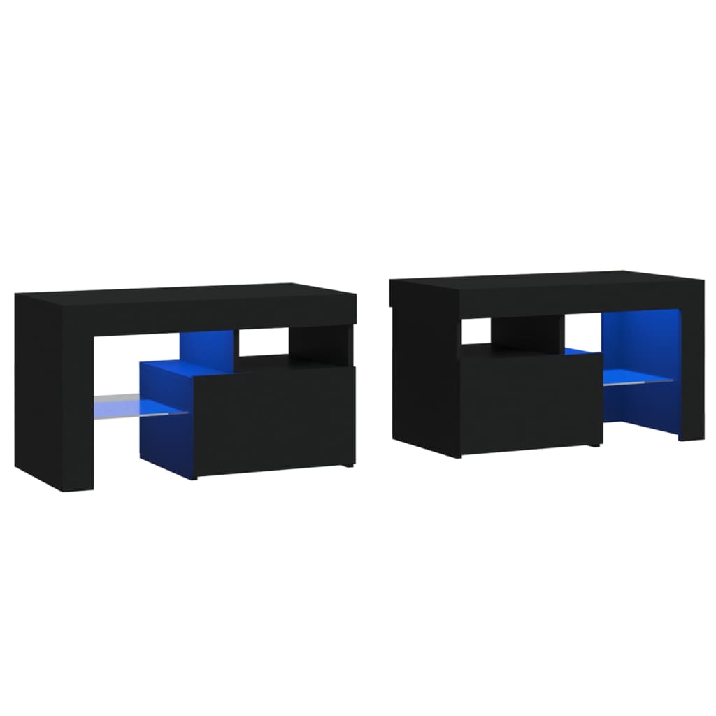 Tables de chevet 2 pièces avec éclairage LED Noir 70x36,5x40 cm