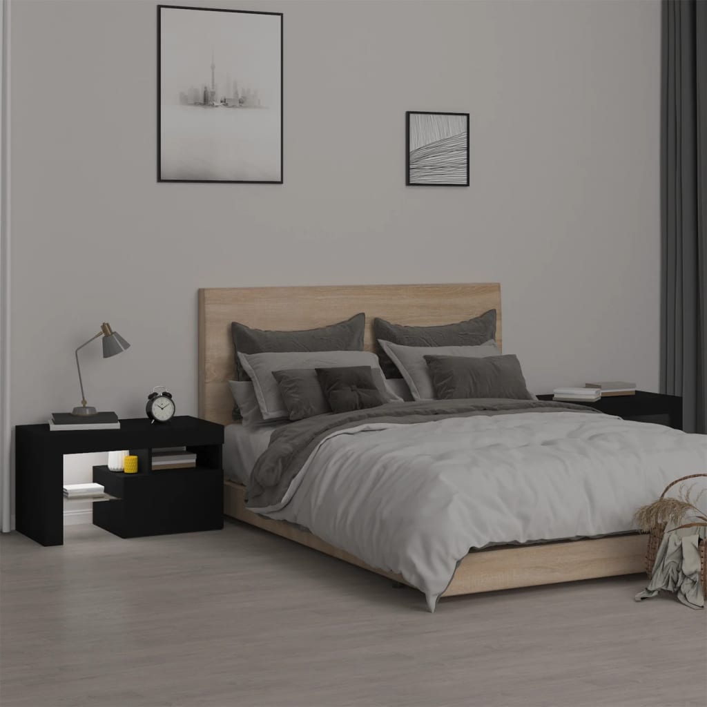 Tables de chevet 2 pièces avec éclairage LED Noir 70x36,5x40 cm