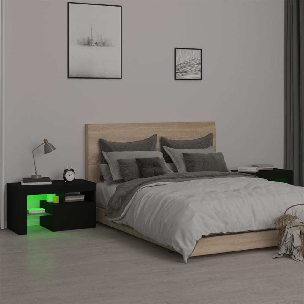 Tables de chevet 2 pièces avec éclairage LED Noir 70x36,5x40 cm