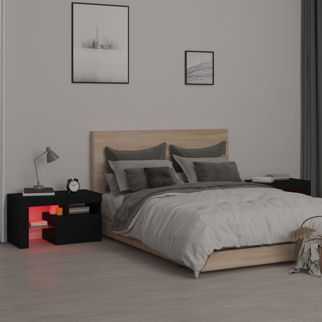Tables de chevet 2 pièces avec éclairage LED Noir 70x36,5x40 cm