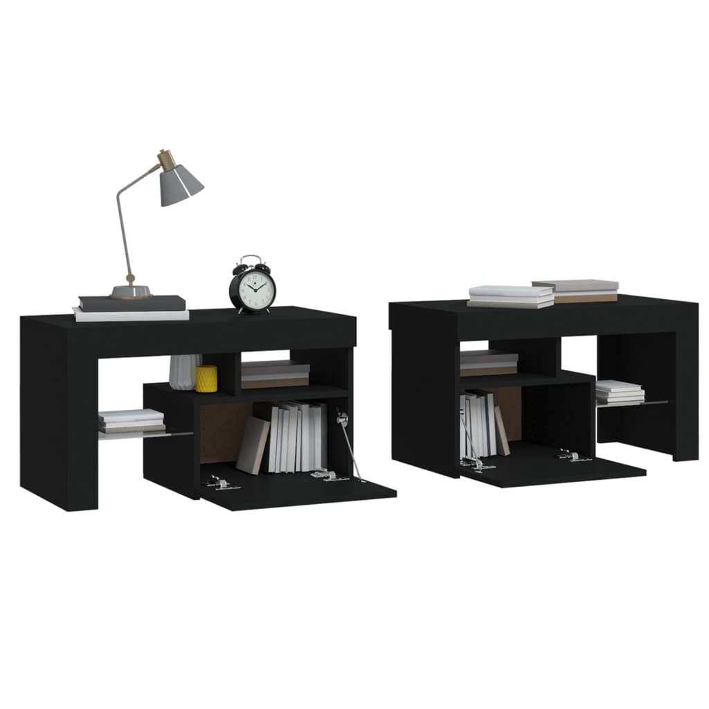 Tables de chevet 2 pièces avec éclairage LED Noir 70x36,5x40 cm