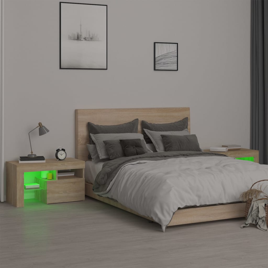 Tables de chevet 2 pièces avec éclairage LED en chêne Sonoma 70x36,5x40 cm