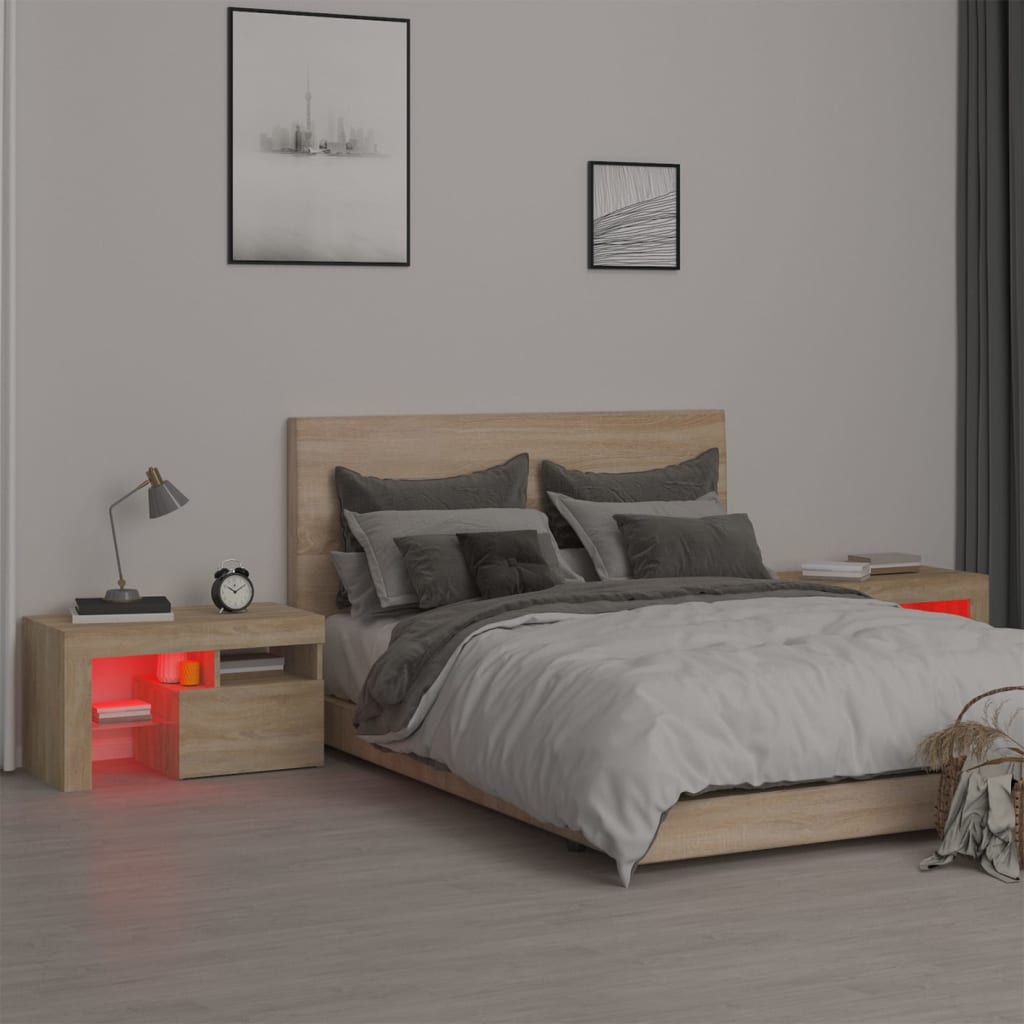 Tables de chevet 2 pièces avec éclairage LED en chêne Sonoma 70x36,5x40 cm