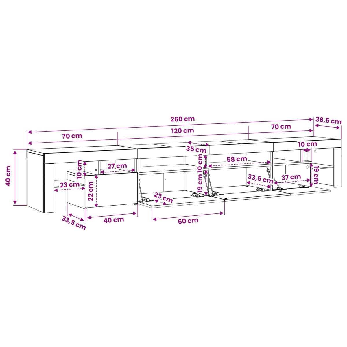 TV-Schrank mit LED-Leuchten Weiß 260x36,5x40 cm
