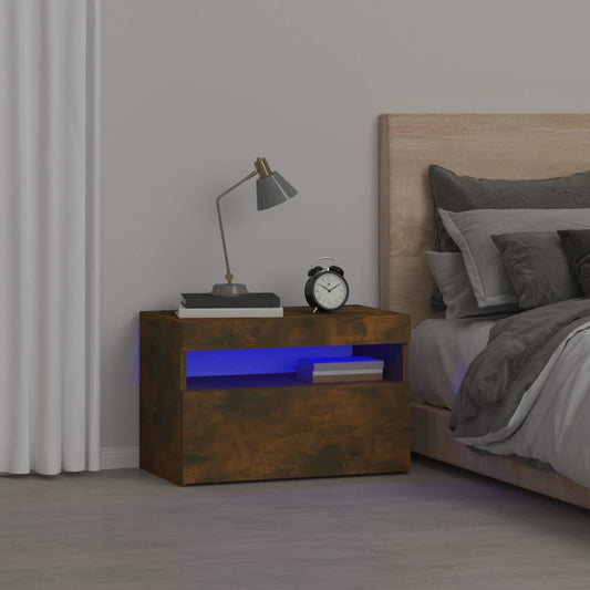 Table de chevet avec lumières LED en chêne fumé 60x35x40 cm